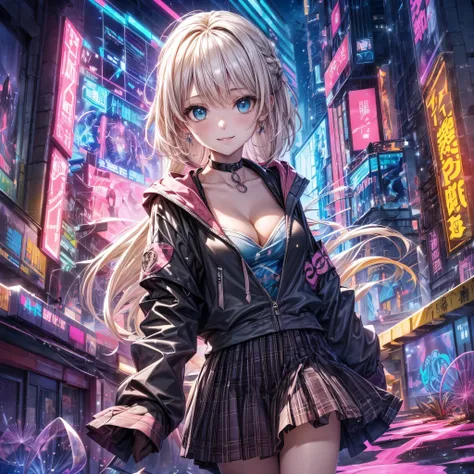 absurderes, hight resolution, (Official art, Beautiful and aesthetic:1.2), best qualtiy、(1girl in)、masutepiece、(abstract  art:1.4),(Psychedelia Theme:1.6)   ultra-detailliert,bright colour, Anime Face、extremely beautiful face and eyes,Naughty smile、(Platin...