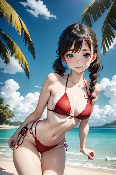 one girls、parfect anatomy、small tits、A dark-haired、Braided pigtails、Smiling、Realistic people、ultra-detailliert、Red bikini、Floral hair ornament、Blurred background、South Island、Palm trees、White sandy beach、Blue Sea、blue open sky、white clouds、cumulonimbus clo...