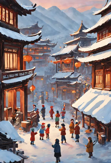 at winter season，Traditional chinese painting，with an antique feel，highland，college，many children playinake a snowman，farce，Scenes，Clear detail