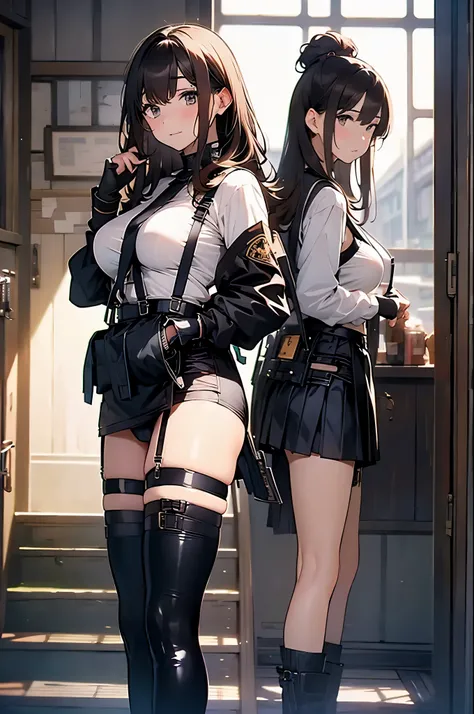 Brown hair、watching at viewers　　　black suspenders　　　Bulging big breasts　　 　 　　　walls: 　Black miniskirt　garters　　　　　　Gaze　　　Small face　bangss 　　　holster　　　Beautuful Women　　hands up　　レッグholster ベッドに横たわる　　Gaze 　black boots panty shot　provocation　flank　flank汗　...