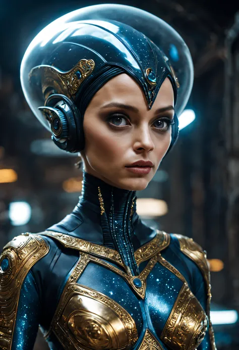 (cuerpo completo), extraterrestrial alien female similar to Lihö-Minaa princess of the people of the planet mül from Valerian and the city of a thousand planets ,vestida de traje de noche corto, engarzado con oro refulgente, priedras preciosas de colores y...