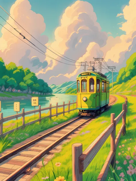 draw an anime lofi ghibli style scene of view light green amll cute tram on a grass and flowers covered track beside a lake, fen...