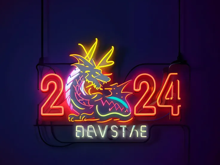 2024 numbers，Dragon shaped，Neon strips，Seven colorackground with：Dark colors，solidcolor；Quality：high high quality，3D，Lots of detail，Illustration of the United States，neon art style, stylized neon lights, Colorful neon lights, 2024,  made of neon light，neon...