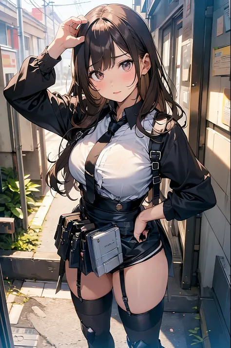 Brown hair、watching at viewers　　　black suspenders　　　Bulging big breasts　　 　 　　　walls: 　Black miniskirt　garters　　　　　　Gaze　　　Small face　bangss 　　　holster　　　Beautuful Women　　hands up　　レッグholster ベッドに横たわる　　Gaze 　black boots panty shot　provocation　flank　flank汗　...