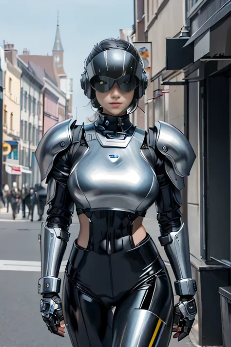 female robocop solo、armor that completely covers the whole body、very large armor、helmet to hide your eyes、rainbow armor、armor th...