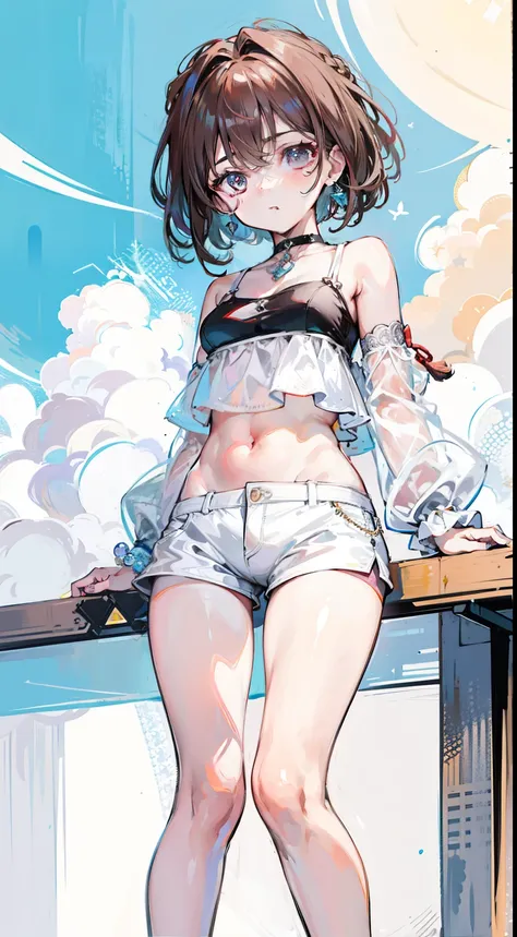 Kaihara，Brown hair，Extremely detailed eye cuts，
jewely，White yoga crop top，white yoga tight shorts，hands on the chest，ssee-through，looking at viewert，hair adornments，choker necklace，Very shy，
（tmasterpiece，quality，最佳quality，offcial art，Beauty and aesthetic...