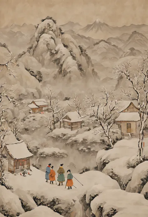 at winter season，traditional chinese painting，with an antique feel，highland，college，many children playinake a snowman，farce，scen...