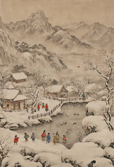 at winter season，traditional chinese painting，with an antique feel，highland，college，many children playinake a snowman，farce，scen...