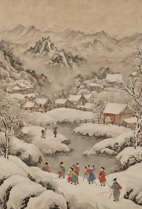 at winter season，traditional chinese painting，with an antique feel，highland，college，many children playinake a snowman，farce，scen...