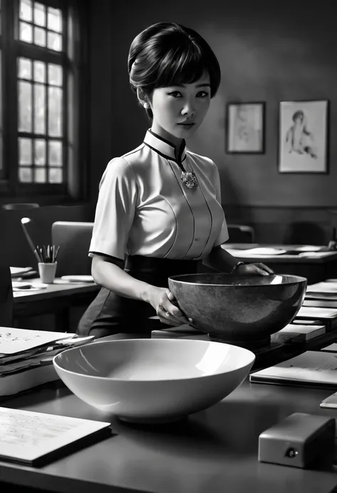 Capture the ethereal of light and shadow in a stunning monochromatic photograph with selective color details of Asian office lady with bowl_cut, revealing the hidden poetry of desk files, computer, (realistic, photorealistic, RAWphoto:1.4), octane render, ...