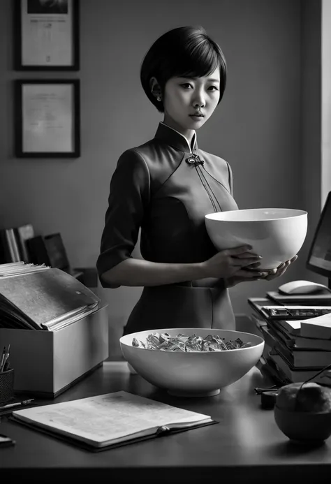 Capture the ethereal of light and shadow in a stunning monochromatic photograph with selective color details of Asian office lady with bowl_cut, revealing the hidden poetry of desk files, computer, (realistic, photorealistic, RAWphoto:1.4), octane render, ...