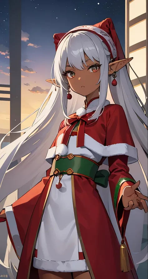 top-quality。Masterpiece。ren。Detailed details。One lady。renな女性。(Brown-skinned)。long silver hair。Elf-like pointed ears。costume like santa claus。