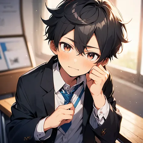 a lovely shota，boy，school uniform，holding his left cheek with one hand