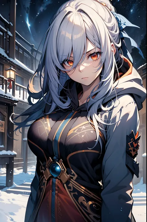 (best quality:1.3), (masterpiece:1.3), (illustration:1.3), (ultra-detailed:1.3), (imid shot:0.9), 1girl, Long hair, white hair, ((blue hoodie)), medium breasts, night sky, stars, dark, upper body, JingliuV5, tall, mature, serious expression, serious, snow,...