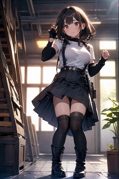 Brown hair、watching at viewers　　　black suspenders　　　Bulging big breasts　　 　 　　　walls: 　Black miniskirt　garters　　　　　　Gaze　　　Small face　bangss 　　　holster　　　Beautuful Women　　hands up　　レッグholster ベッドに横たわる　　Gaze 　black boots panty shot　provocation　flank　flank汗　...