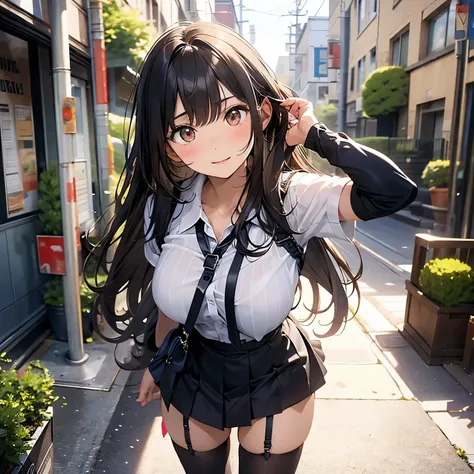 Brown hair、watching at viewers　　　black suspenders　　　Bulging big breasts　　 　 　　　walls: 　Black miniskirt　garters　　　　　　Gaze　　　Small face　bangss 　　　holster　　　Beautuful Women　　hands up　　レッグholster ベッドに横たわる　　Gaze 　black boots panty shot　provocation　flank　flank汗　...