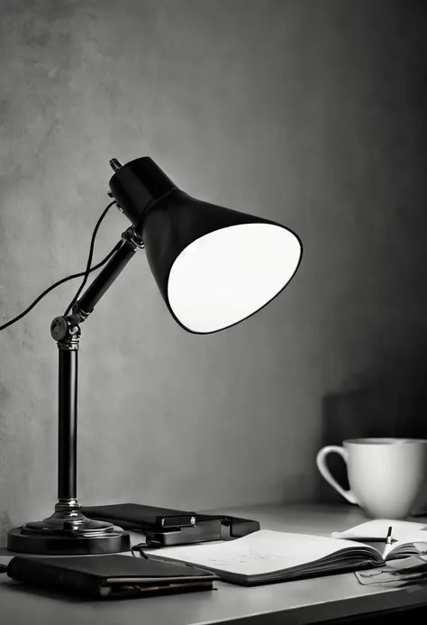 Capture the ethereal of light and shadow in a stunning monochromatic photograph with selective color details of desk lamp, revealing the hidden poetry of Asian office lady with bout sorting desk files, computer, (realistic, photorealistic, RAWphoto:1.4), o...