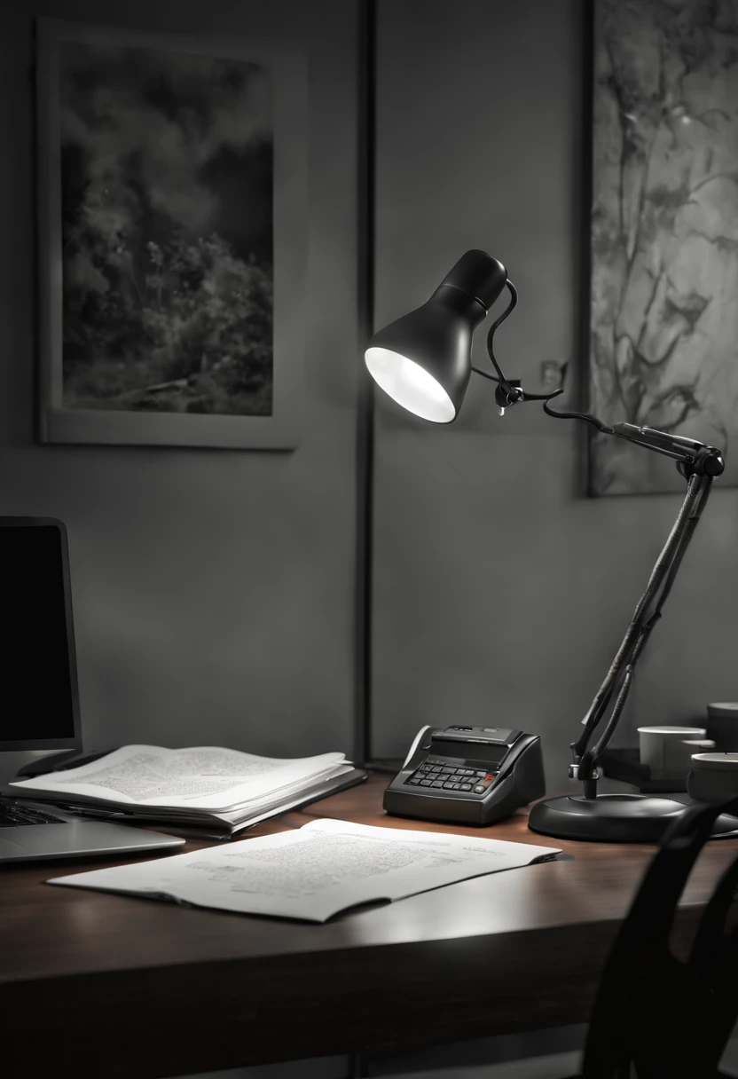 Capture the ethereal of light and shadow in a stunning monochromatic photograph with selective color details of desk lamp, revealing the hidden poetry of Asian office lady with bout sorting desk files, computer, (realistic, photorealistic, RAWphoto:1.4), o...