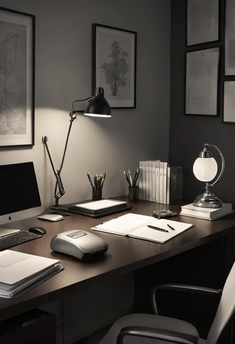 Capture the ethereal of light and shadow in a stunning monochromatic photograph with selective color details of desk lamp, revealing the hidden poetry of Asian office lady with bout sorting desk files, computer, (realistic, photorealistic, RAWphoto:1.4), o...