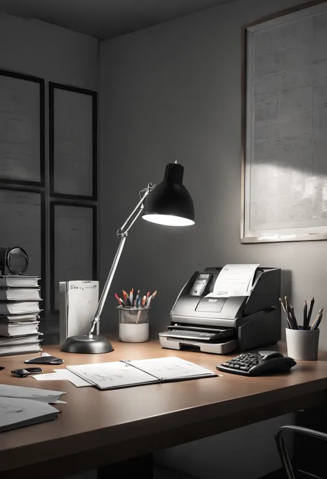 Capture the ethereal of light and shadow in a stunning monochromatic photograph with selective color details of desk lamp, revealing the hidden poetry of Asian office lady with bob_out sorting desk files, computer, (realistic, photorealistic, RAWphoto:1.4)...