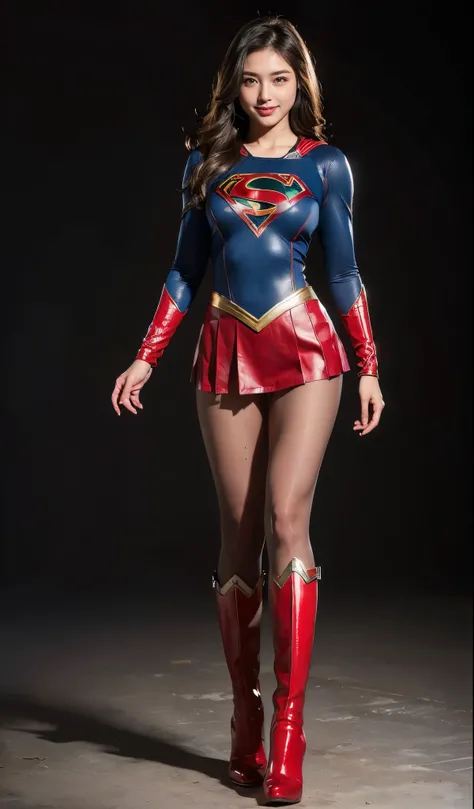 No background、Are sleeping、lying back on、(((Wear black tights on your beautiful legs.)))、(((Grow legs、tall、Legally express the beauty of your smile)))、((((Make the most of the original image)))、(((Supergirl Costume)))、(((beautiful hairl)))、(((Suffering)))、...