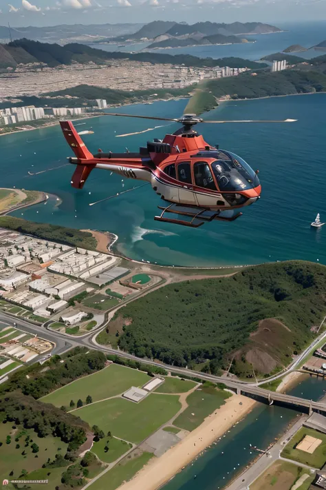 um helicoptero com uma cidade no fundo, super realista, helicoptero bem detalhado