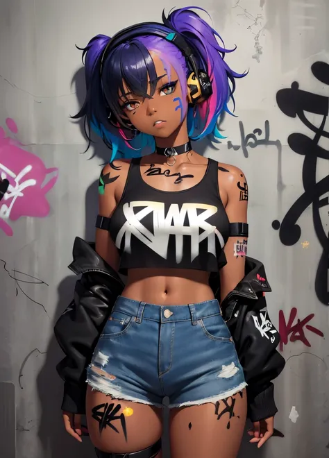 dark skinned, masterpiece, best quality, 1girl, solo, crop top, denim shorts, choker, (graffiti:1.5), paint splatter, arms behind back, against wall, looking at viewer, armband, thigh strap, paint on body, head tilt, bored, multicolored hair, aqua eyes, he...