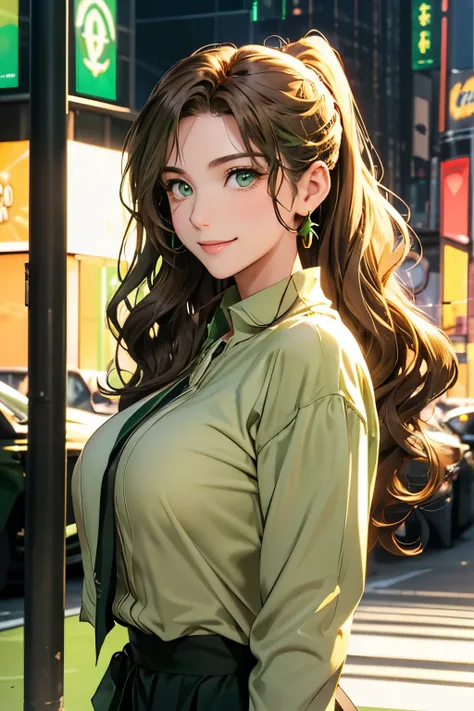 Female((30-years old)), hair((Wavy, Golden brown)), Eyes((smart Eyes, Green)), Clothes((New York Fashion Week, light Green)),  Smiling, Breast Out, Ponytail, Accessories,