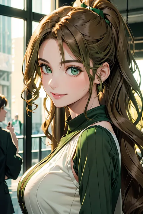 Female((30-years old)), hair((Wavy, Golden brown)), Eyes((smart Eyes, Green)), Clothes((New York Fashion Week, light Green)),  Smiling, Breast Out, Ponytail, Accessories,