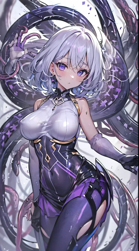 One lady,14years,((White hair) ,((())), ((Normal breasts)), (())(()),(Shiny purple bodysuit with microskirt))),,((Fantasy))(())(Getting by tentacles)