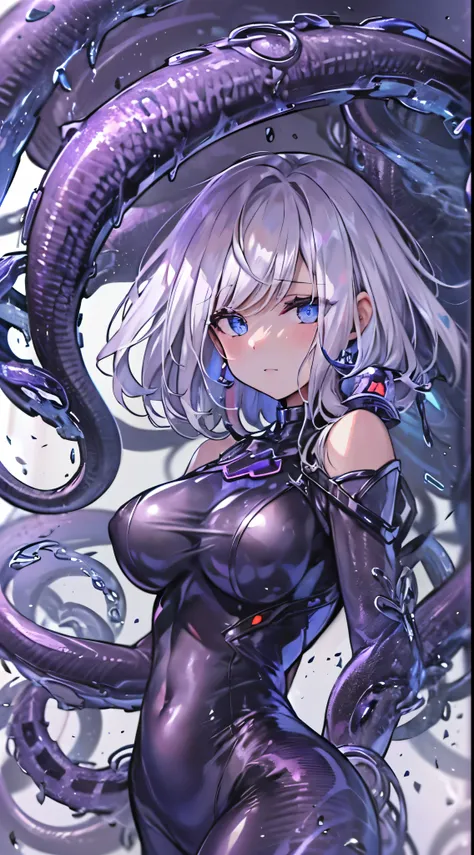 One lady,14years,((White hair) ,((())), ((Normal breasts)), (())(()),(Shiny purple bodysuit with microskirt))),,((Fantasy))(())(Getting by tentacles)