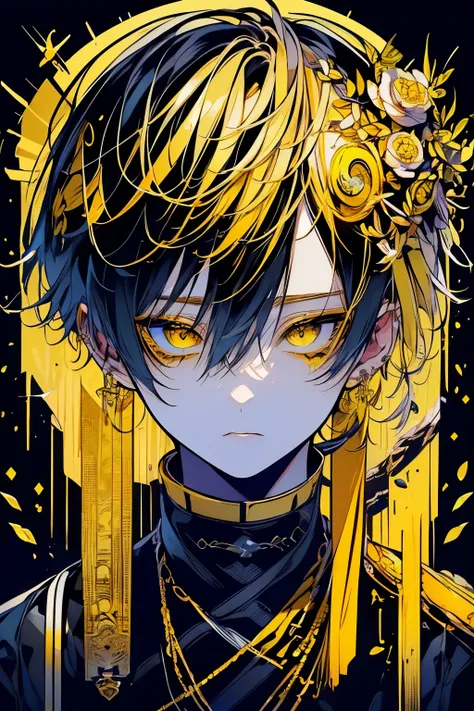 (masutepiece), (Best Quality), Highly detailed, 1 boy, Solo Focus, Perfect face, Beautiful face, extra detailed face，(Yellow hair:1.3)，(Shining gold yellow eyes:1.4)，Black clothe，(long eyeslashes:1.4)