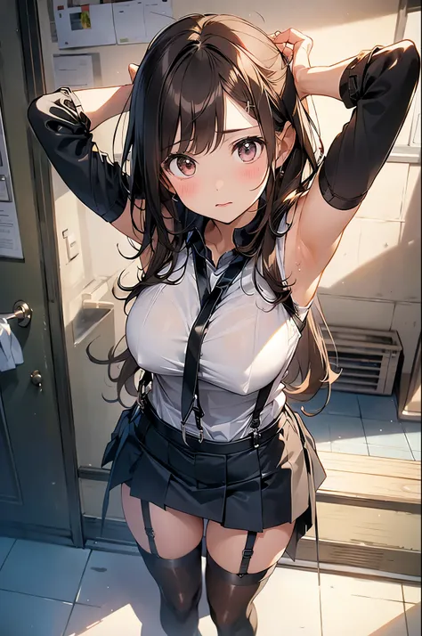 Brown hair、watching at viewers　　　black suspenders　　　Bulging big breasts　　 　 　　　walls: 　Black miniskirt　garters　　　　　　Gaze　　　Small face　bangss 　　　holster　　　Beautuful Women　　hands up　　レッグholster ベッドに横たわる　　Gaze 　black boots panty shot　provocation　flank　flank汗　...