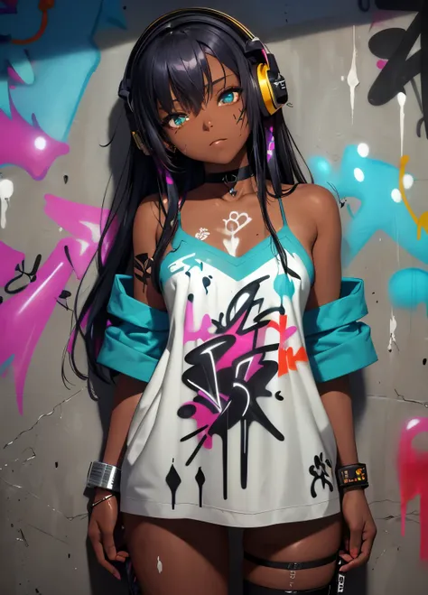 dark skinned, masterpiece, best quality, 1girl, solo, choker, (graffiti:1.5), paint splatter, arms behind back, against wall, looking at viewer, armband, thigh strap, paint on body, head tilt, bored, multicolored hair, aqua eyes, headset,