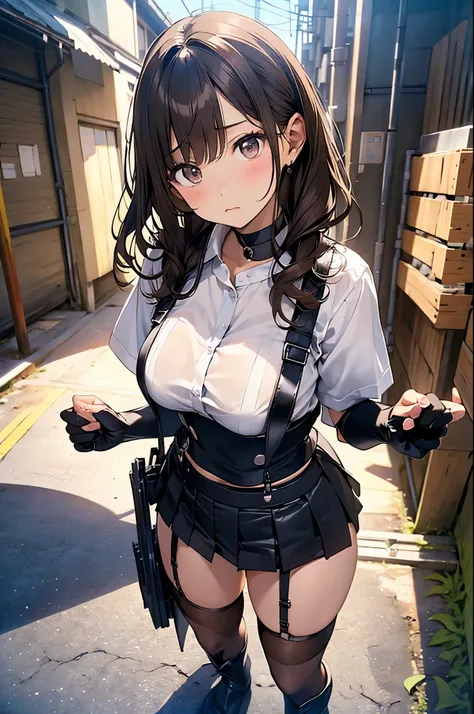 Brown hair、watching at viewers　　　black suspenders　　　Bulging big breasts　　 　 　　　walls: 　Black miniskirt　garters　　　　　　Gaze　　　Small face　bangss 　　　holster　　　Beautuful Women　　hands up　　レッグholster ベッドに横たわる　　Gaze 　black boots panty shot　provocation　flank　flank汗　...