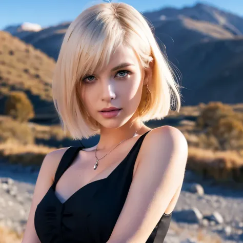 A girl with short yellow hair and golden eyes, a vampire body color, a black dress, and snowy mountains. She is in her thirties, with an average chest size.