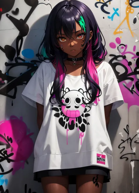 dark skinned, masterpiece, best quality, 1girl, solo, choker, (graffiti:1.5), paint splatter, arms behind back, against wall, looking at viewer, multicolored hair