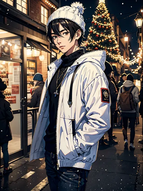 Anime handsome guy in white jacket, black hair, Christmas lights, street, snowflakes, in light brown beanie, knitted things, in black jeans