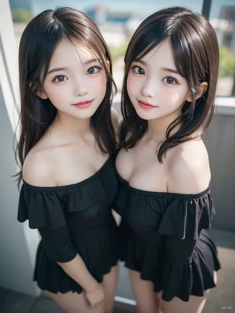 ((2 Little Girls:1.3)), (Ultra Realistic, hight resolution), (Highly detailed eyes, Highly detailed hair, Highly detailed face, Highly detailed plump lips), (off shoulder with open breasts), breasts, Upper body, Search Smile, (Best Quality:1.4), Raw photo,...