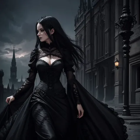 arafed woman in a black dress with a black lace top and a black skirt, gothic maiden of the dark, beautiful vampire female queen, she is attracting lightnings, beautiful vampire queen, beautiful elegant demon queen, gothic maiden, in style of dark fantasy ...