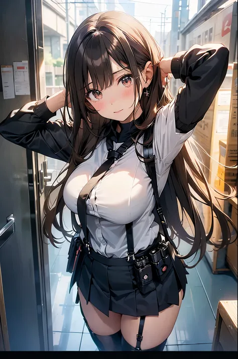 Brown hair、watching at viewers　　　black suspenders　　　Bulging big breasts　　 　 　　　walls: 　Black miniskirt　garters　　　　　　Gaze　　　Small face　bangss 　　　holster　　　Beautuful Women　　hands up　　レッグholster ベッドに横たわる　　Gaze 　black boots panty shot　provocation　flank　flank汗　...