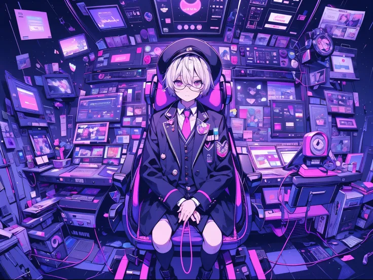 （masutepiece）（high-detail）20s male android、One、white  hair、poneyTail、Hats、tailcoat、neck tie、He wears round glasses with no rims、closing eye、Sitting on a chair on a machine、Chairs are connected by multiple cables、Background with（An electronic world that fee...