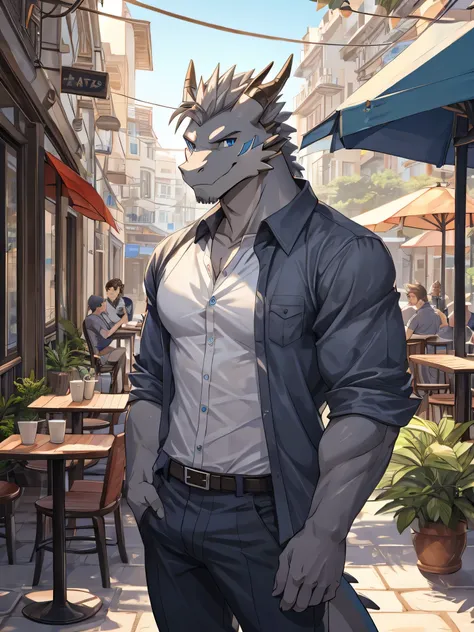 Masterpiece, Solo, Male, Grey Dragon, Blue Eyes, Grey Medium Hair, Medium Muscular Body, Handsome, Good Looking, Casual Shirt, Casual Pants, Cool Pose. Cafe Background