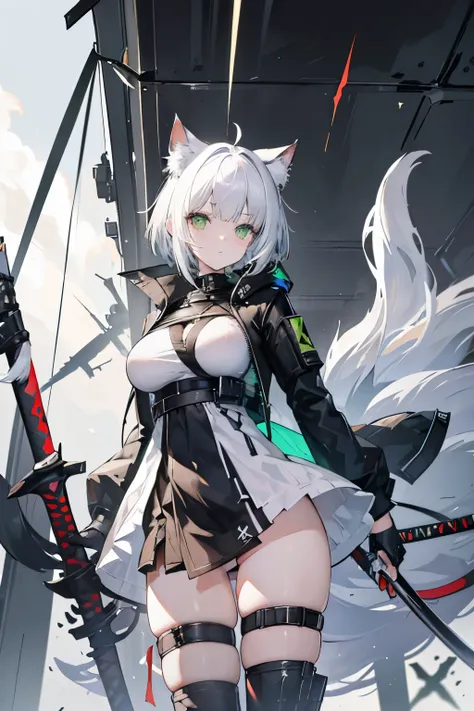 Arknights art style, arknights world,cat girl,cat ears,fluffy tail,short hair,white hair,green eyes,big breast,beautifull thighs,wearing battel jacket,holding a katana, apocalyptique world