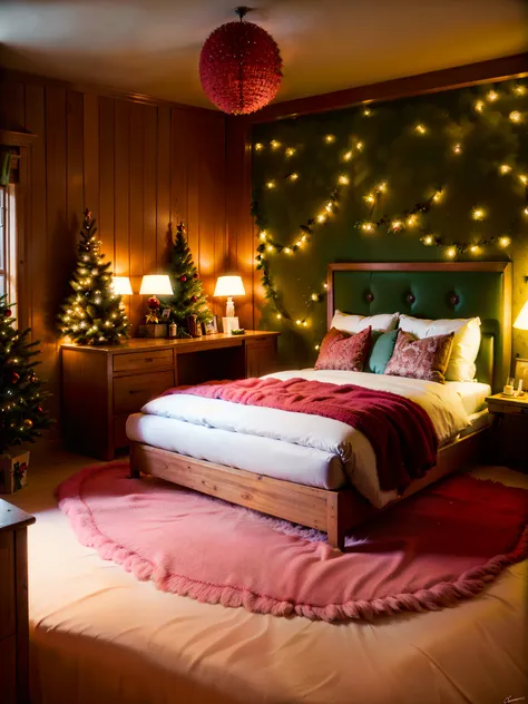 French and German bedroom，There is a bed and a Christmas tree in the corner, Christmas Eve, cozily room, Decoration around the room, Resort atmosphere, cozily lights, Bedroom lights dim, photorealistic room, lavishly decorated, The beautiful!, charming sce...