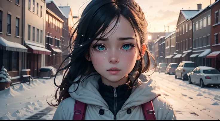 crying,anime girl,blue-green eyes,big window view,snow,Eve City street,illustration,ultra-detailed,realistic,portrait,soft colors,soft lighting