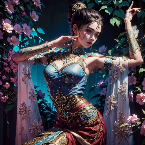 a woman in a blue and pink outfit posing in a garden, wearing an ornate outfit, wearing ornate clothing, wearing ornate silk clothes, inspired by Rudy Siswanto, traditional beauty, ornate attire, intricate silk clothing, ornate clothing, beautiful oriental...