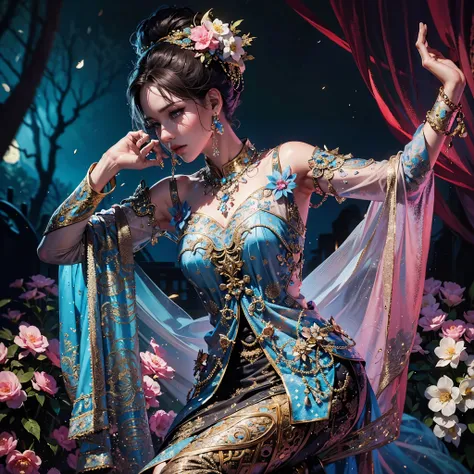 a woman in a blue and pink outfit posing in a garden, wearing an ornate outfit, wearing ornate clothing, wearing ornate silk clothes, inspired by Rudy Siswanto, traditional beauty, ornate attire, intricate silk clothing, ornate clothing, beautiful oriental...