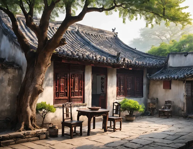 ancient china, Suzhou ancient house with an indoor yard, low white wall surrounding the yard, on the left side of the yard there is only a big crape myrtle tree, under the tree there are stone chairs and a table, there is an old woman sitting on the chair,...