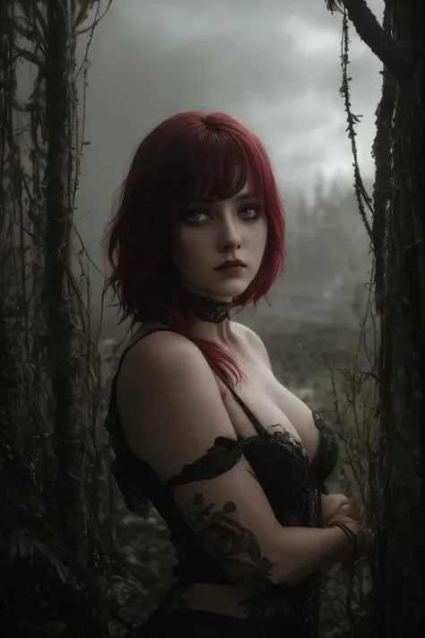 (Realisttic:1.2), analog photo style, cute woman with short black-red multicolored hair, red eyes, (Gloomy and dark atmosphere), soft natural light, faded colours, sexy, great quality, Masterpiece, detailed fantasy background, better performance, 16k quali...